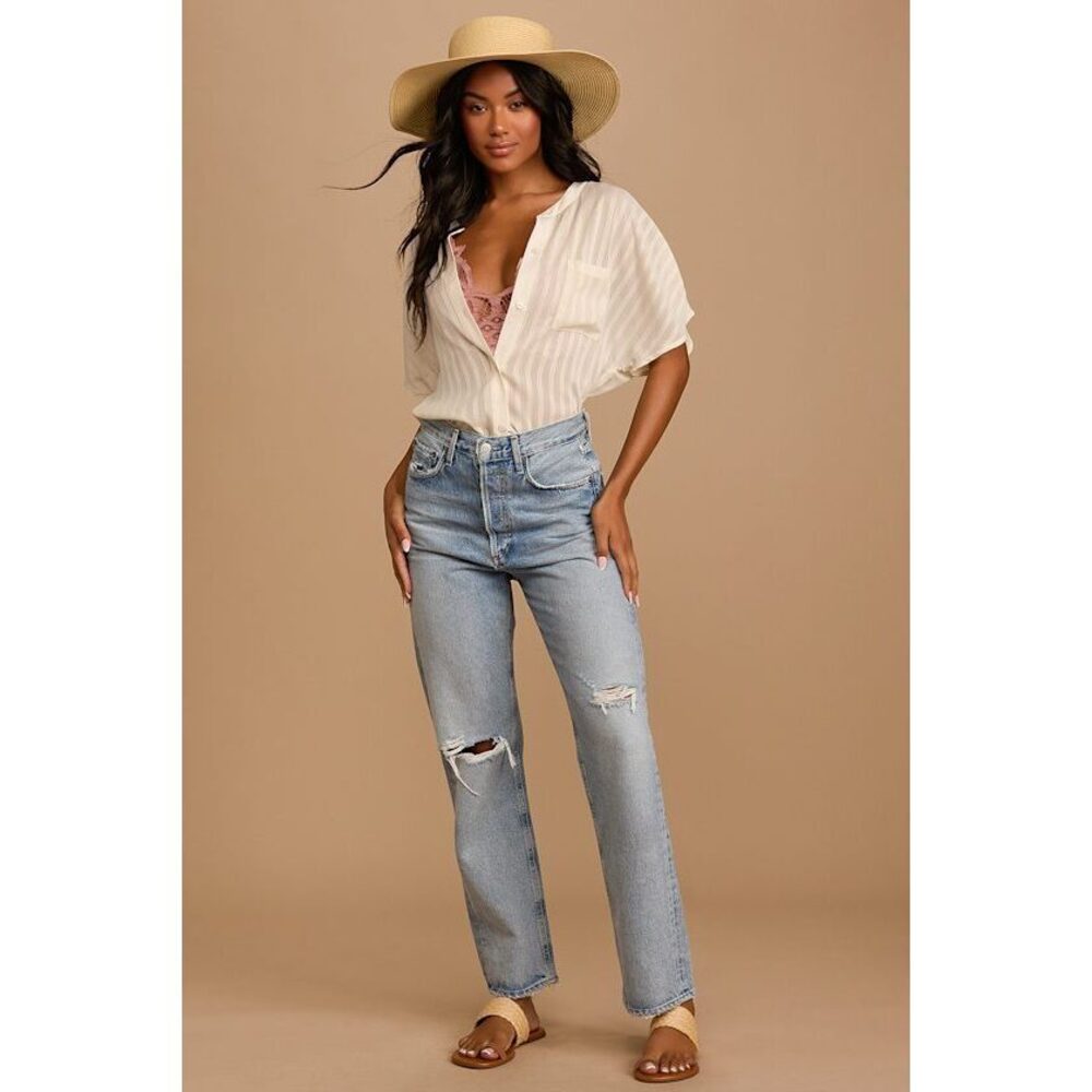 Lulus Sheer And There Cream Striped Button-up Short Sleeve Top Beige - Size XS